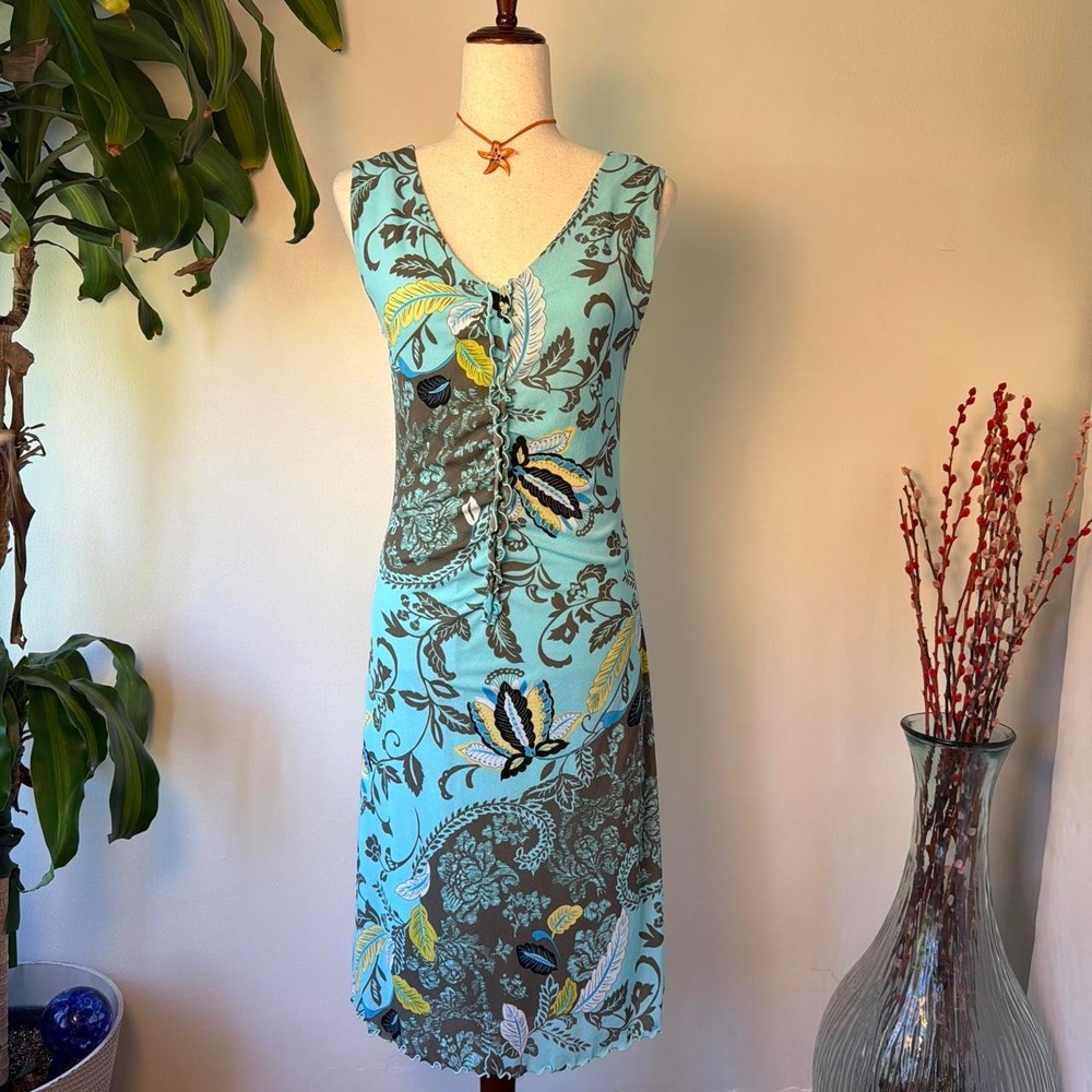 i.e. Teal Aqua Fairycore Ruffle Midi Dress Floral Mesh Y2K Whimsigoth Small